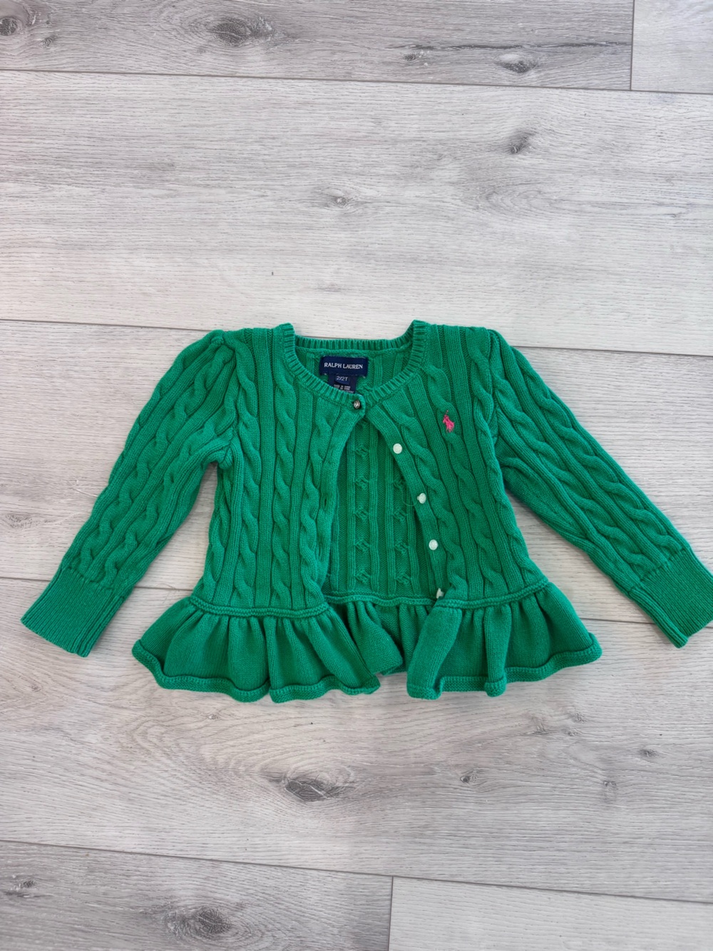 Ralph Lauren Emerald Green Cable Knit Ruffle Cardigan 2T